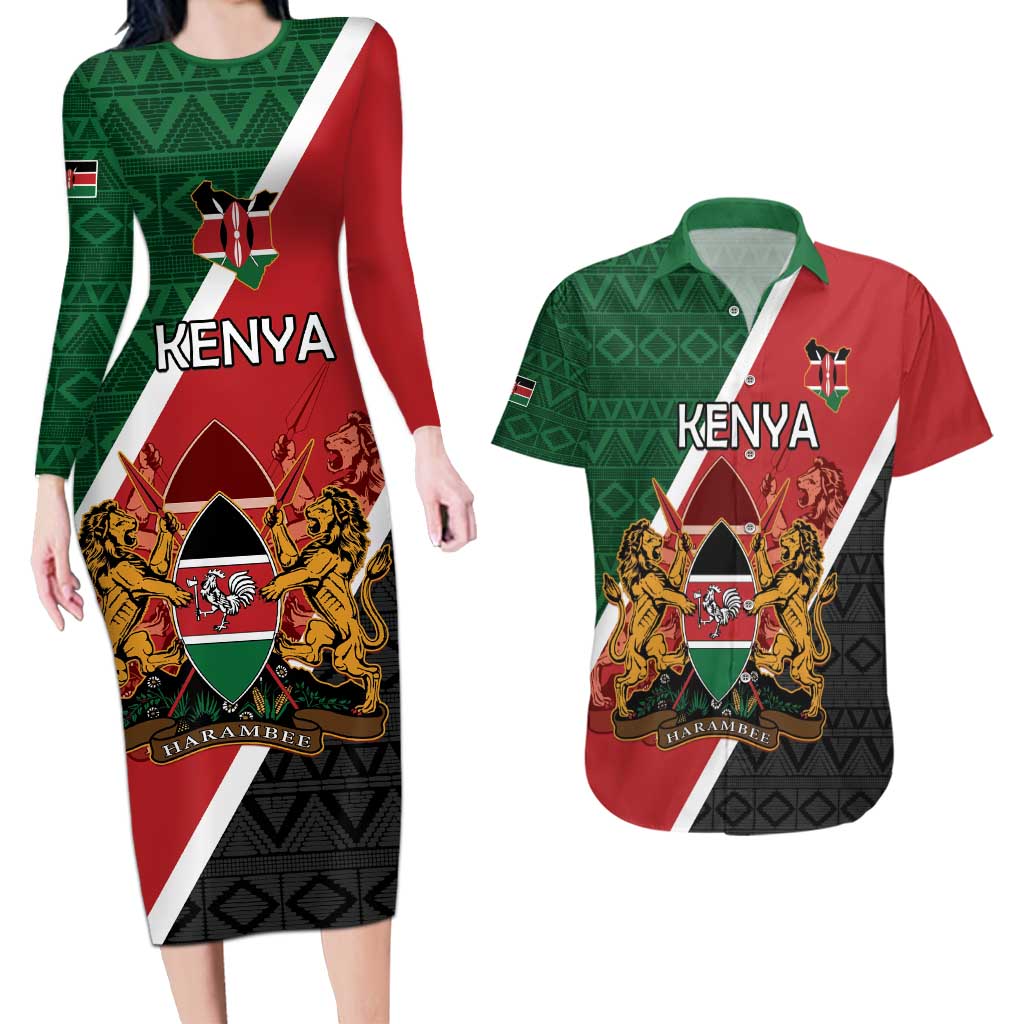 Personalised Kenya Couples Matching Long Sleeve Bodycon Dress and Hawaiian Shirt Coat Of Arms Mix Flag Style