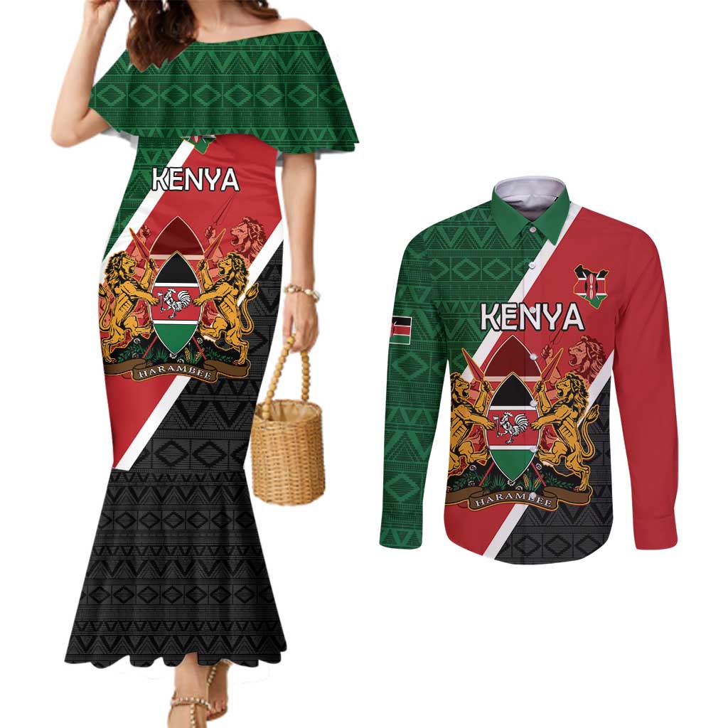 Personalised Kenya Couples Matching Mermaid Dress and Long Sleeve Button Shirt Coat Of Arms Mix Flag Style