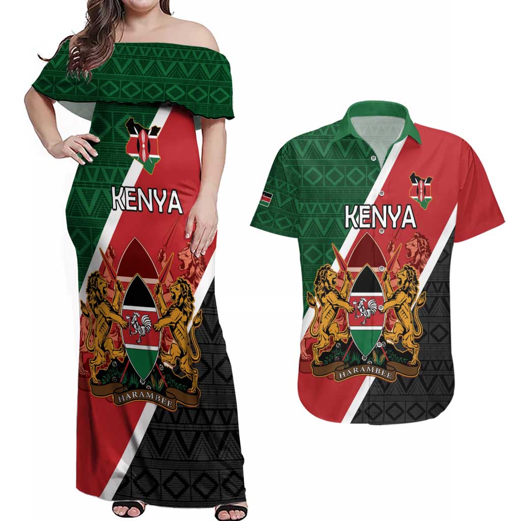 Personalised Kenya Couples Matching Off Shoulder Maxi Dress and Hawaiian Shirt Coat Of Arms Mix Flag Style