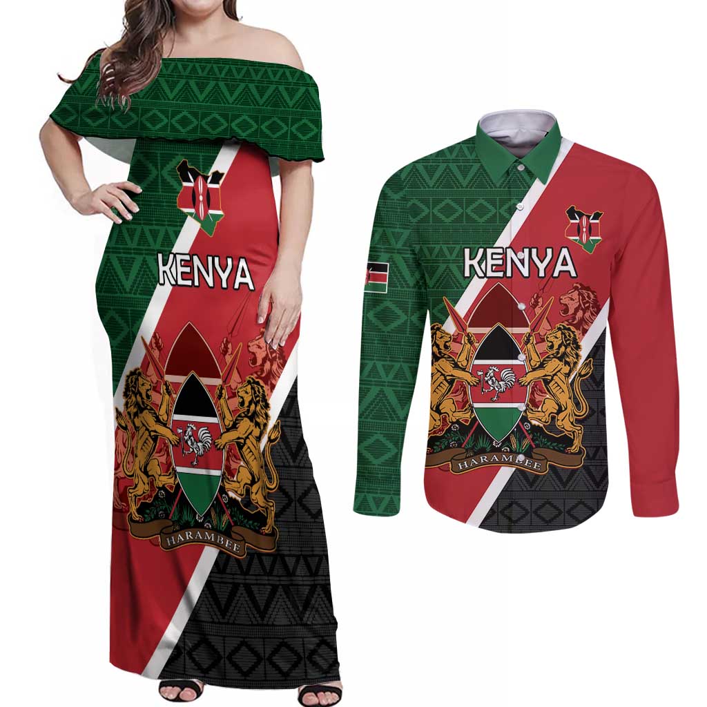 Personalised Kenya Couples Matching Off Shoulder Maxi Dress and Long Sleeve Button Shirt Coat Of Arms Mix Flag Style