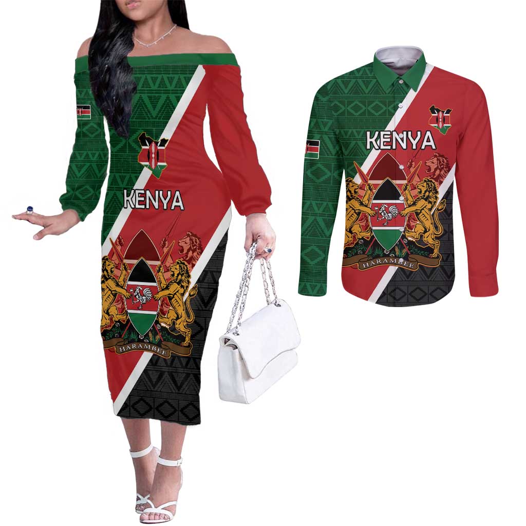 Personalised Kenya Couples Matching Off The Shoulder Long Sleeve Dress and Long Sleeve Button Shirt Coat Of Arms Mix Flag Style