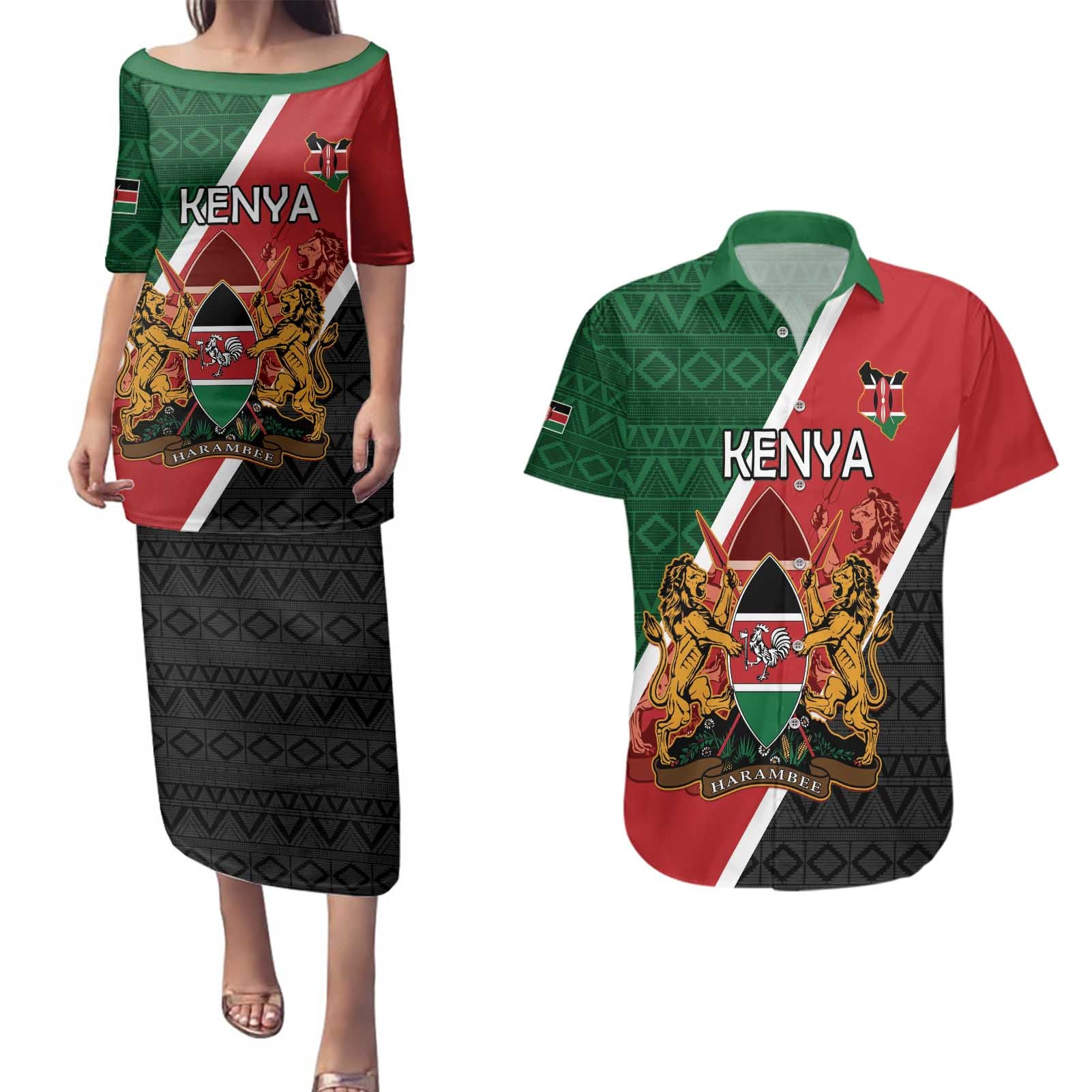 Personalised Kenya Couples Matching Puletasi and Hawaiian Shirt Coat Of Arms Mix Flag Style