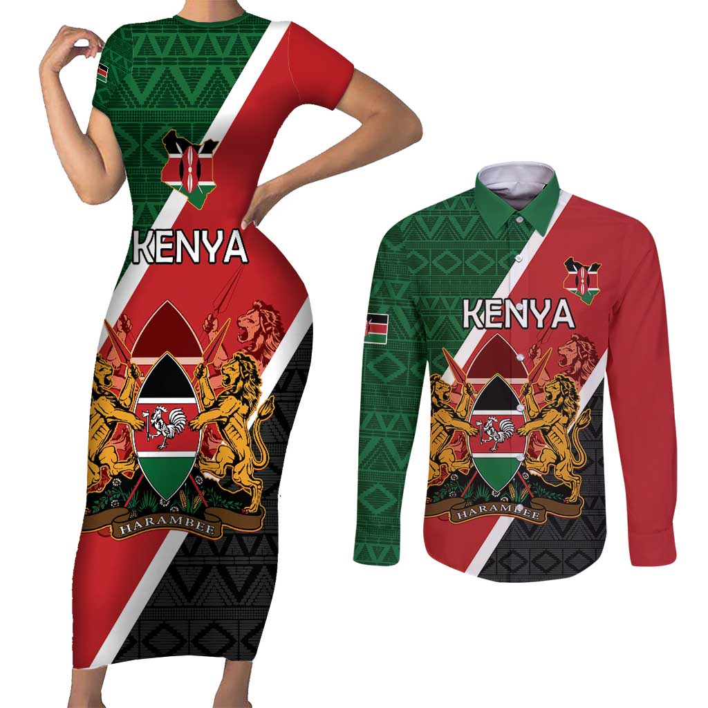 Personalised Kenya Couples Matching Short Sleeve Bodycon Dress and Long Sleeve Button Shirt Coat Of Arms Mix Flag Style