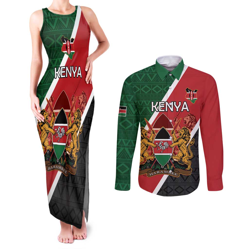 Personalised Kenya Couples Matching Tank Maxi Dress and Long Sleeve Button Shirt Coat Of Arms Mix Flag Style