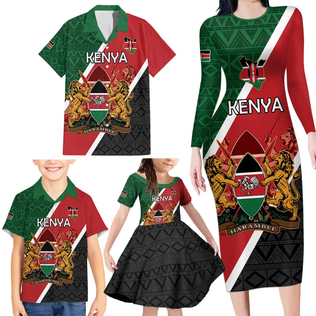 Personalised Kenya Family Matching Long Sleeve Bodycon Dress and Hawaiian Shirt Coat Of Arms Mix Flag Style