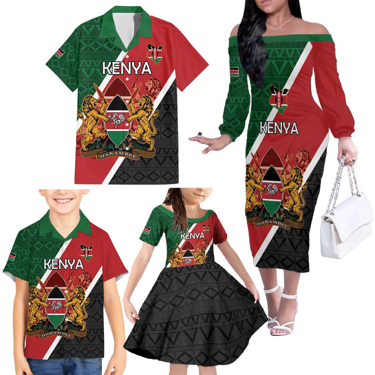 Personalised Kenya Family Matching Off The Shoulder Long Sleeve Dress and Hawaiian Shirt Coat Of Arms Mix Flag Style