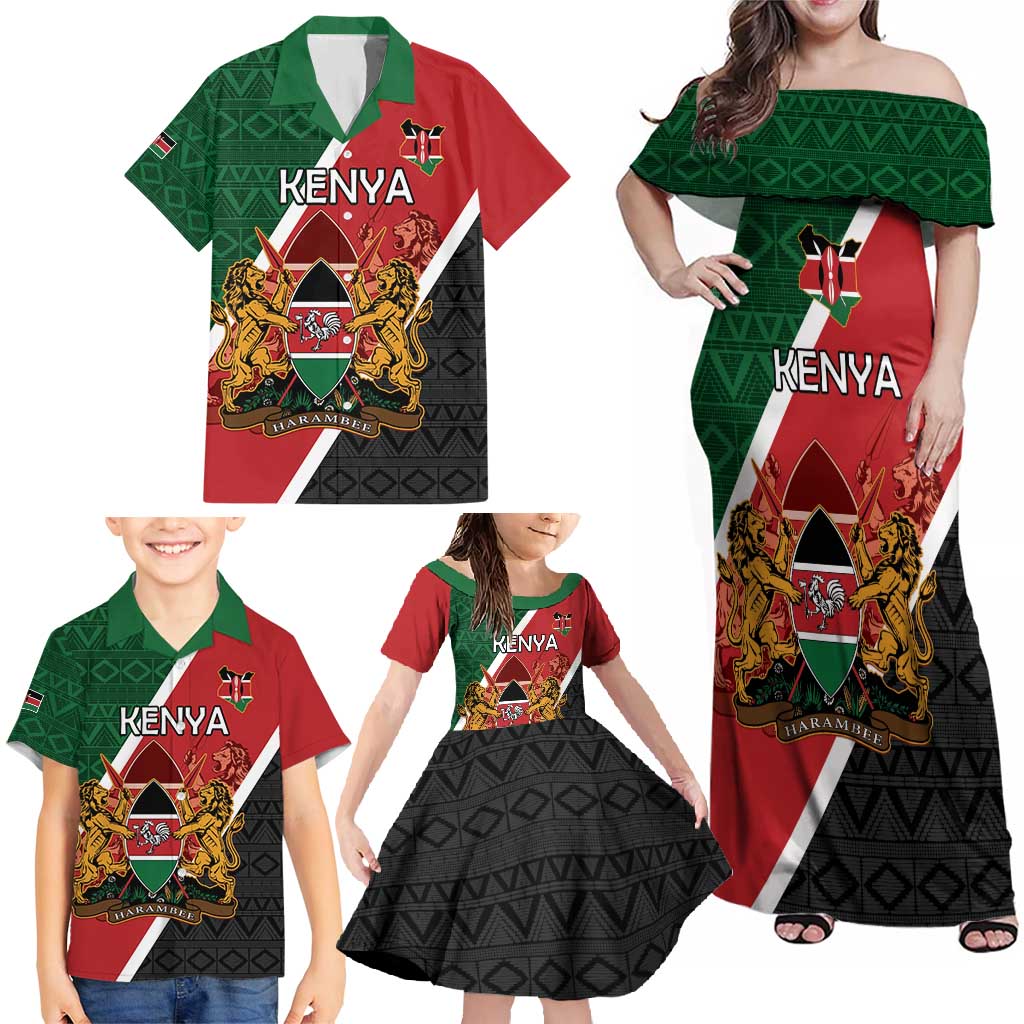 Personalised Kenya Family Matching Off Shoulder Maxi Dress and Hawaiian Shirt Coat Of Arms Mix Flag Style