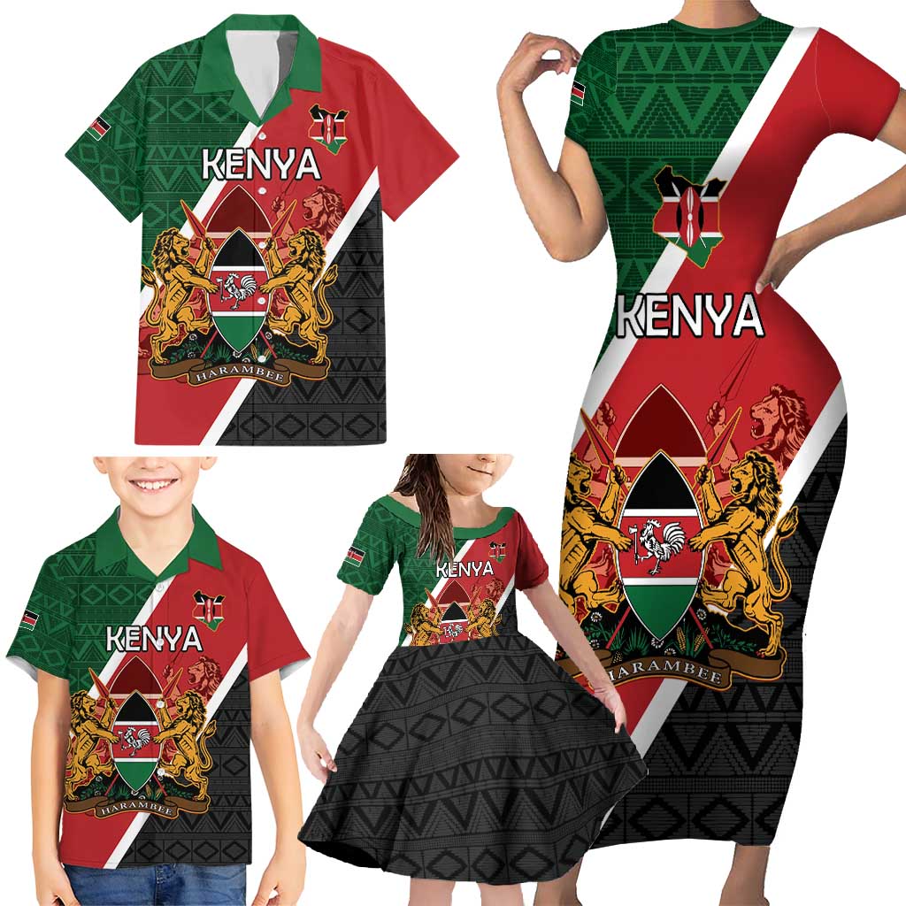 Personalised Kenya Family Matching Short Sleeve Bodycon Dress and Hawaiian Shirt Coat Of Arms Mix Flag Style