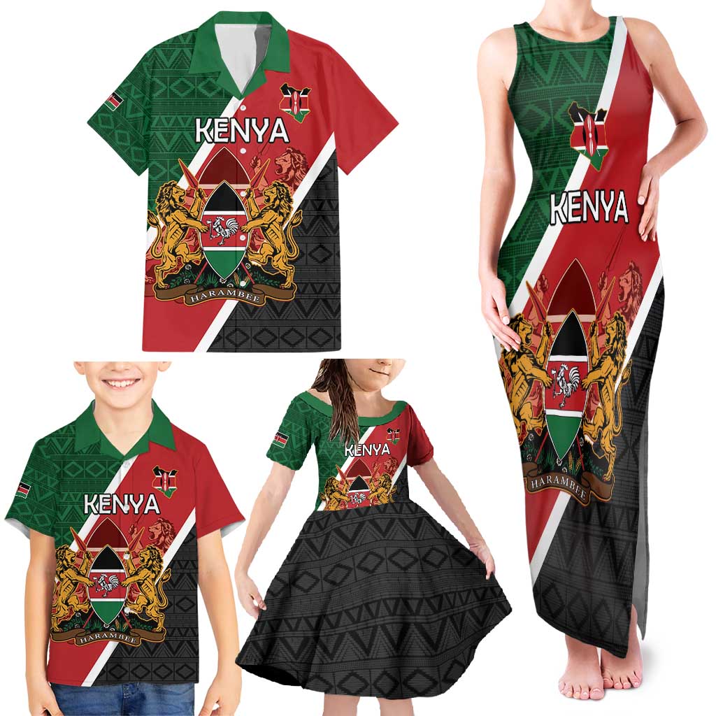 Personalised Kenya Family Matching Tank Maxi Dress and Hawaiian Shirt Coat Of Arms Mix Flag Style