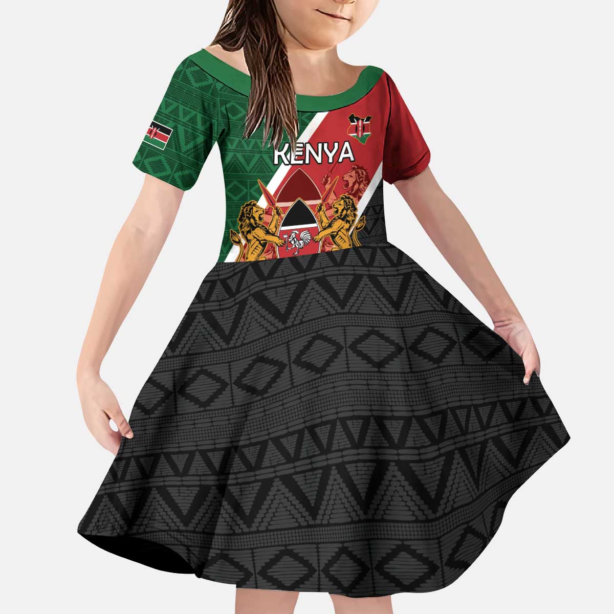 Personalised Kenya Kid Short Sleeve Dress Coat Of Arms Mix Flag Style