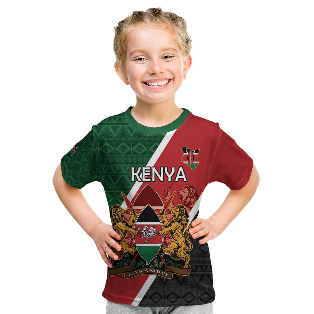 Personalised Kenya Kid T Shirt Coat Of Arms Mix Flag Style