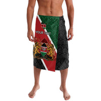 Knee-length wrap shorts with vertical flag and crest print, black and red panels