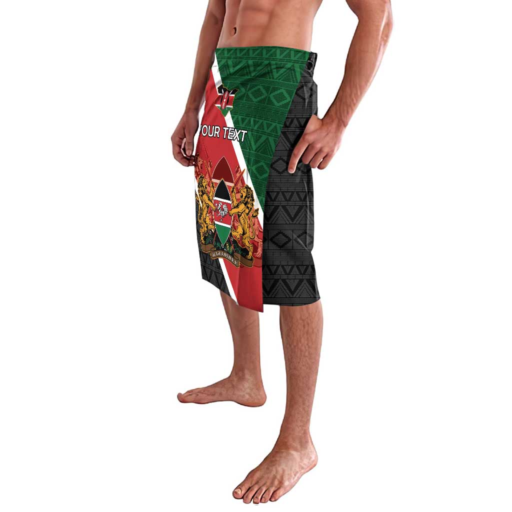Knee-length wrap shorts with side crest and flag print, green and red accents on black