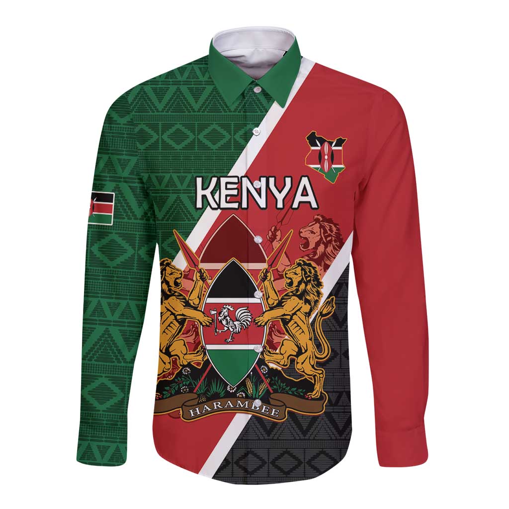 Red and green long-sleeve button shirt with Kenya crest graphic on front