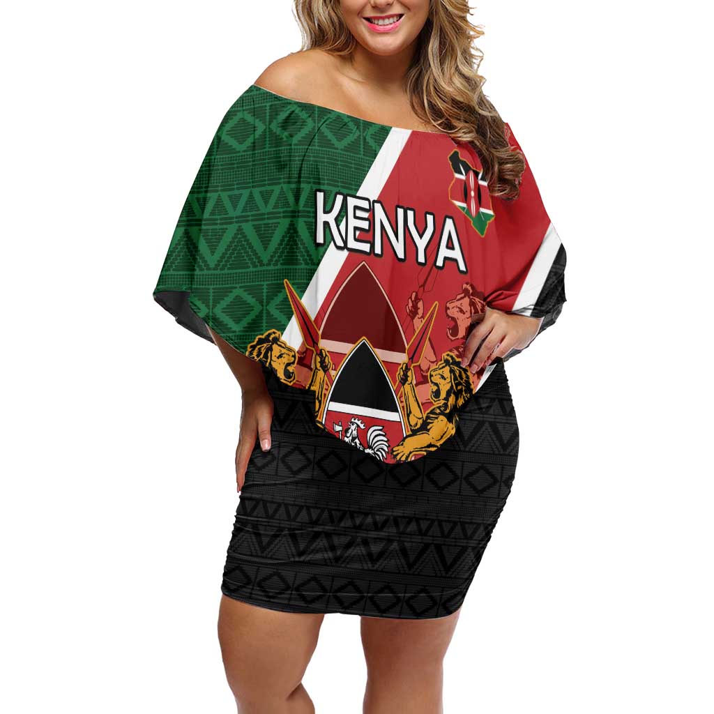 Personalised Kenya Off Shoulder Short Dress Coat Of Arms Mix Flag Style