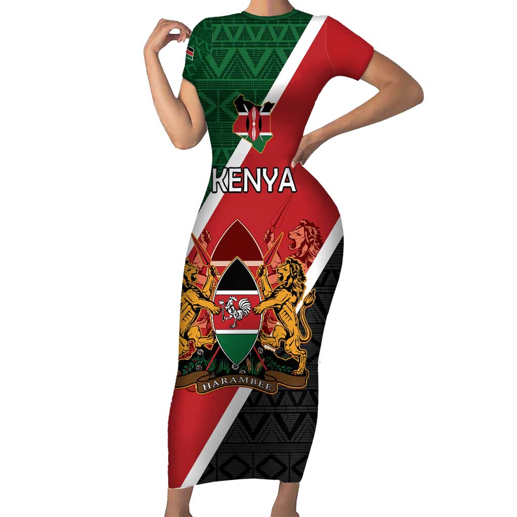 Personalised Kenya Short Sleeve Bodycon Dress Coat Of Arms Mix Flag Style