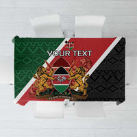 Personalized Kenya tablecloth with Coat of Arms shield, green/red/black and 'YOUR TEXT'.