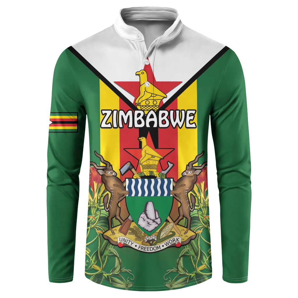 Personalised Zimbabwe Independence Day Button Sweatshirt Gloriosa Flower - Flag Style