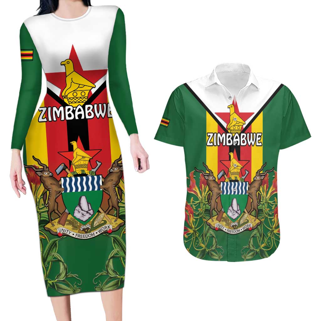 Personalised Zimbabwe Independence Day Couples Matching Long Sleeve Bodycon Dress and Hawaiian Shirt Gloriosa Flower - Flag Style