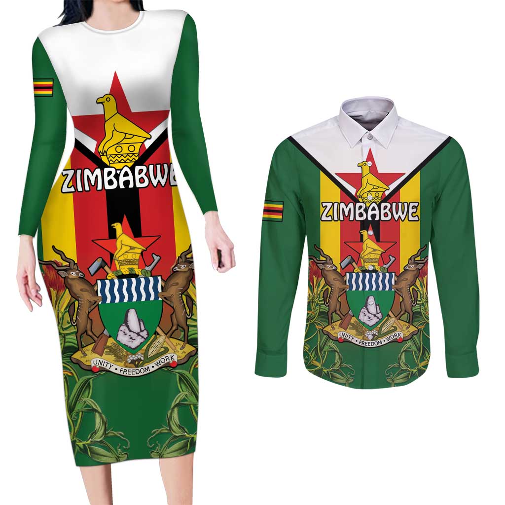 Personalised Zimbabwe Independence Day Couples Matching Long Sleeve Bodycon Dress and Long Sleeve Button Shirt Gloriosa Flower - Flag Style