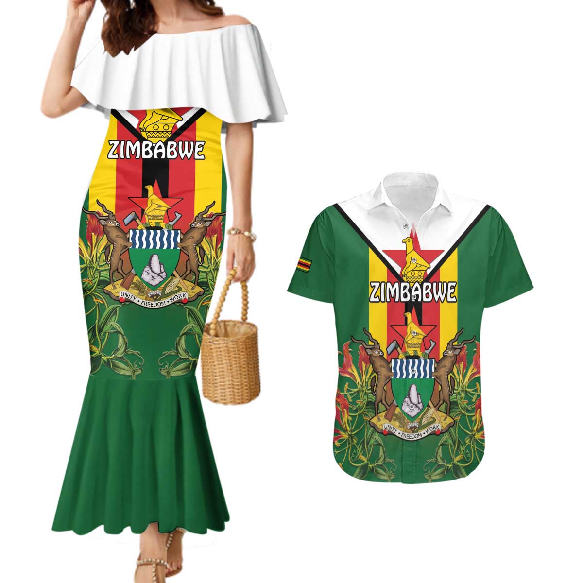 Personalised Zimbabwe Independence Day Couples Matching Mermaid Dress and Hawaiian Shirt Gloriosa Flower - Flag Style