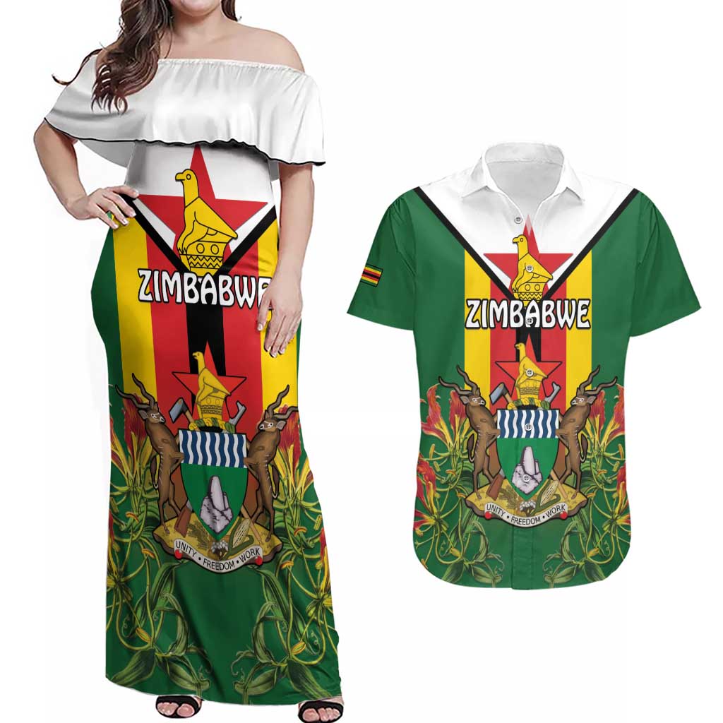 Personalised Zimbabwe Independence Day Couples Matching Off Shoulder Maxi Dress and Hawaiian Shirt Gloriosa Flower - Flag Style