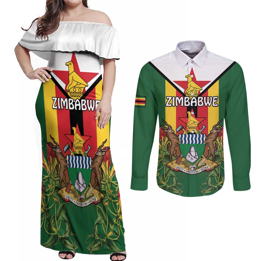 Personalised Zimbabwe Independence Day Couples Matching Off Shoulder Maxi Dress and Long Sleeve Button Shirt Gloriosa Flower - Flag Style