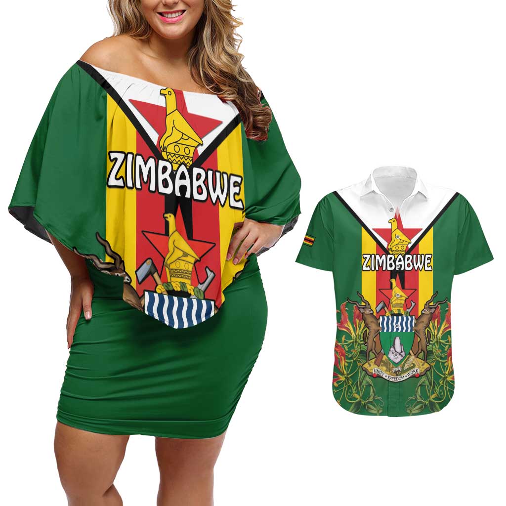 Personalised Zimbabwe Independence Day Couples Matching Off Shoulder Short Dress and Hawaiian Shirt Gloriosa Flower - Flag Style