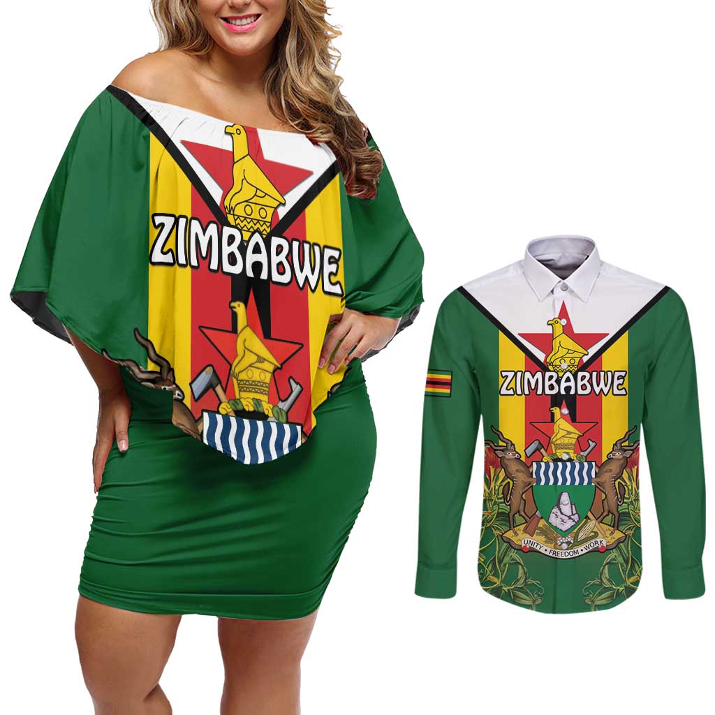 Personalised Zimbabwe Independence Day Couples Matching Off Shoulder Short Dress and Long Sleeve Button Shirt Gloriosa Flower - Flag Style