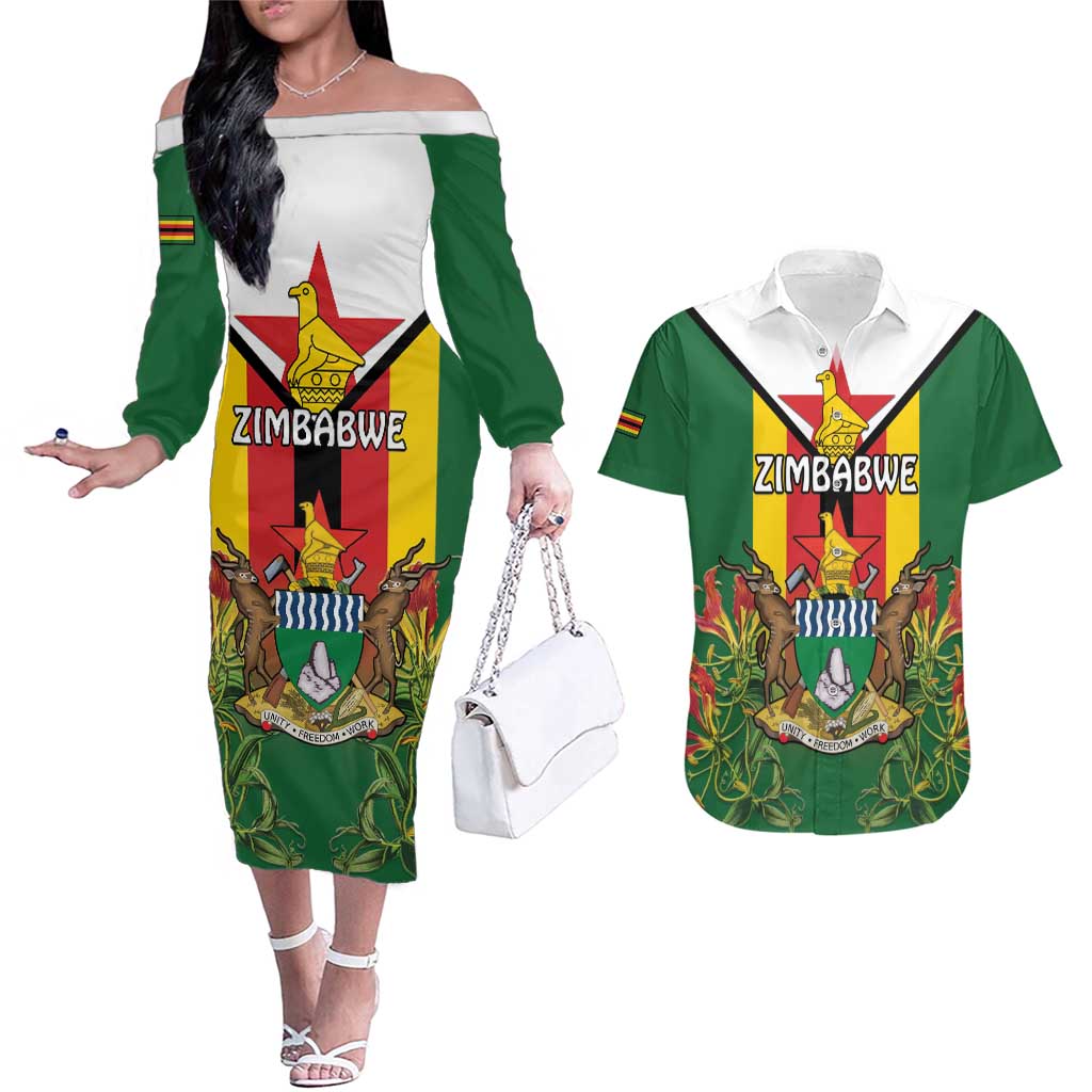 Personalised Zimbabwe Independence Day Couples Matching Off The Shoulder Long Sleeve Dress and Hawaiian Shirt Gloriosa Flower - Flag Style