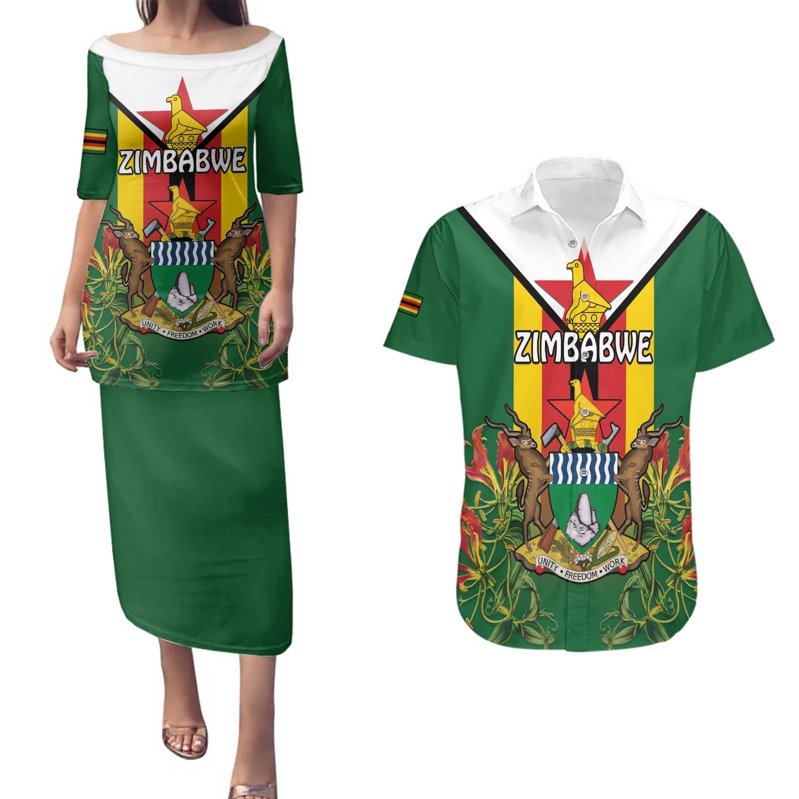 Personalised Zimbabwe Independence Day Couples Matching Puletasi and Hawaiian Shirt Gloriosa Flower - Flag Style