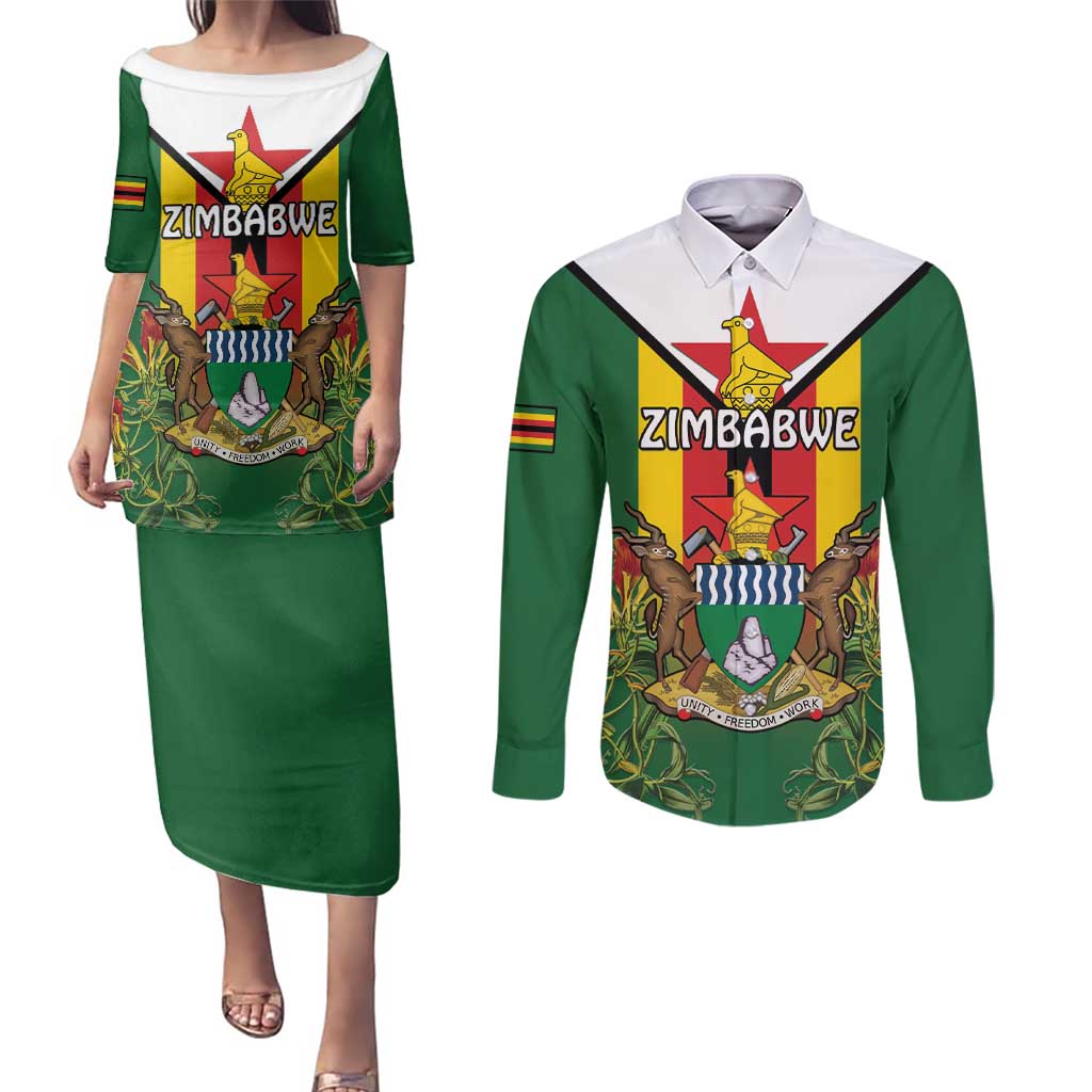 Personalised Zimbabwe Independence Day Couples Matching Puletasi and Long Sleeve Button Shirt Gloriosa Flower - Flag Style