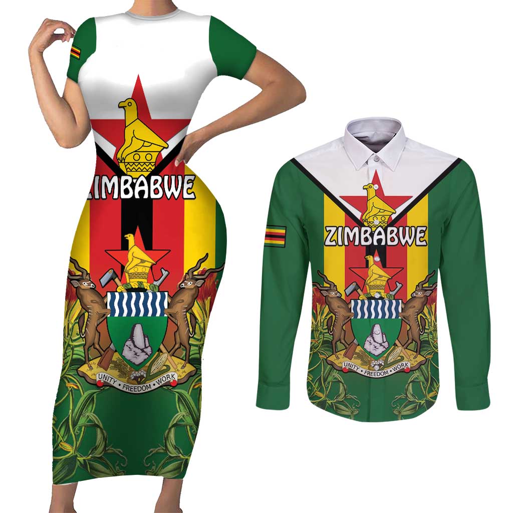 Personalised Zimbabwe Independence Day Couples Matching Short Sleeve Bodycon Dress and Long Sleeve Button Shirt Gloriosa Flower - Flag Style