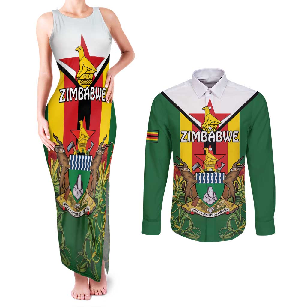 Personalised Zimbabwe Independence Day Couples Matching Tank Maxi Dress and Long Sleeve Button Shirt Gloriosa Flower - Flag Style