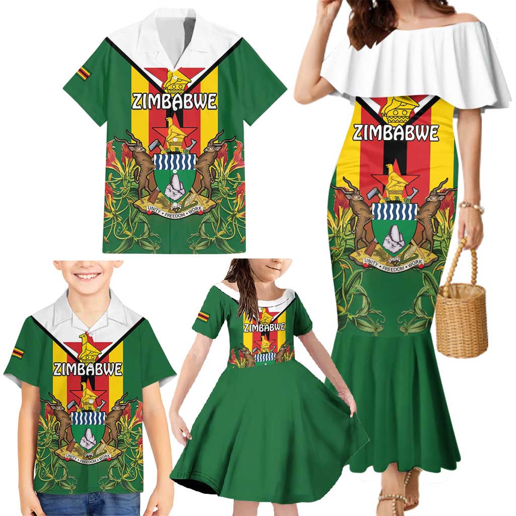 Personalised Zimbabwe Independence Day Family Matching Mermaid Dress and Hawaiian Shirt Gloriosa Flower - Flag Style