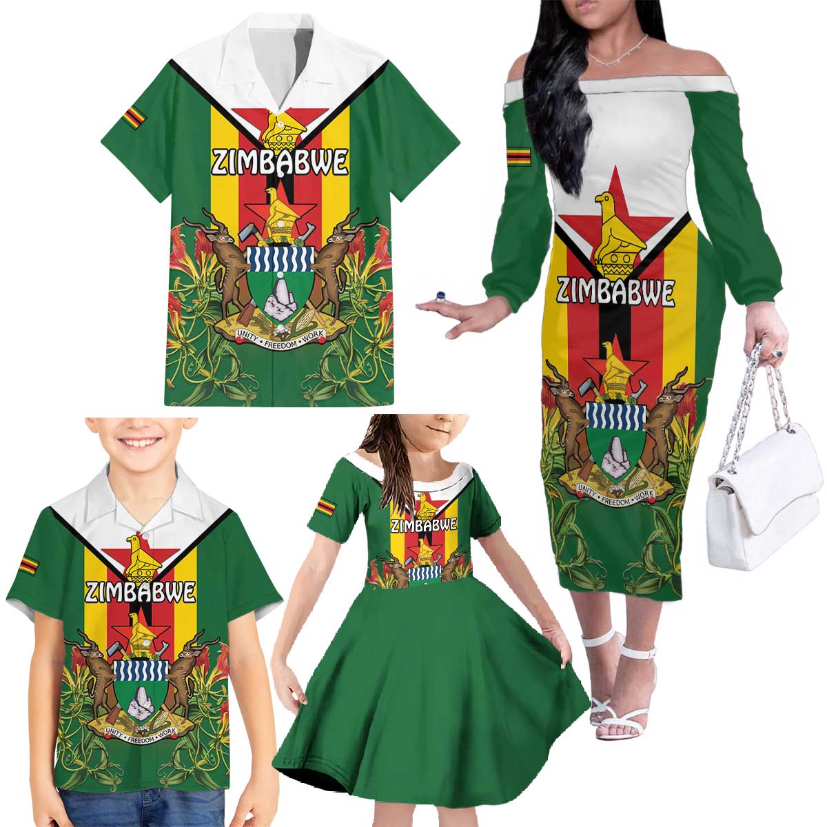 Personalised Zimbabwe Independence Day Family Matching Off The Shoulder Long Sleeve Dress and Hawaiian Shirt Gloriosa Flower - Flag Style