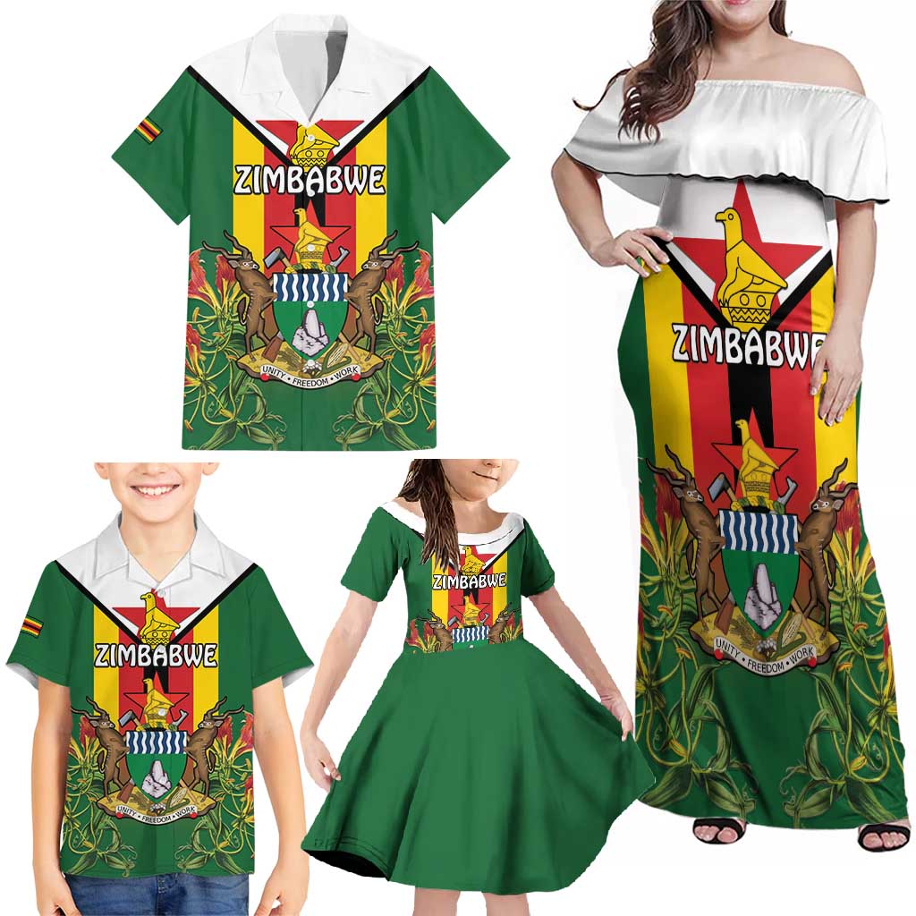 Personalised Zimbabwe Independence Day Family Matching Off Shoulder Maxi Dress and Hawaiian Shirt Gloriosa Flower - Flag Style