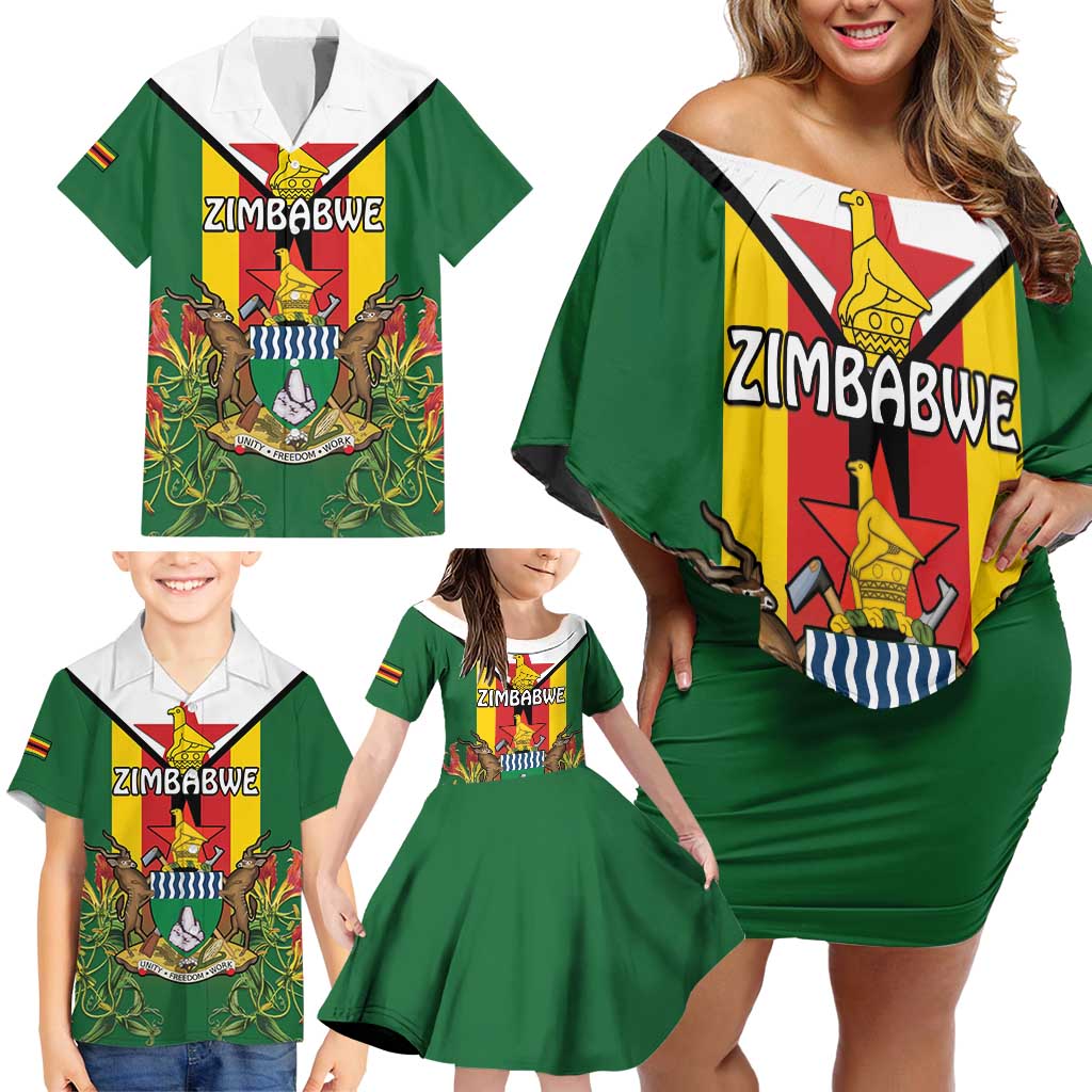 Personalised Zimbabwe Independence Day Family Matching Off Shoulder Short Dress and Hawaiian Shirt Gloriosa Flower - Flag Style