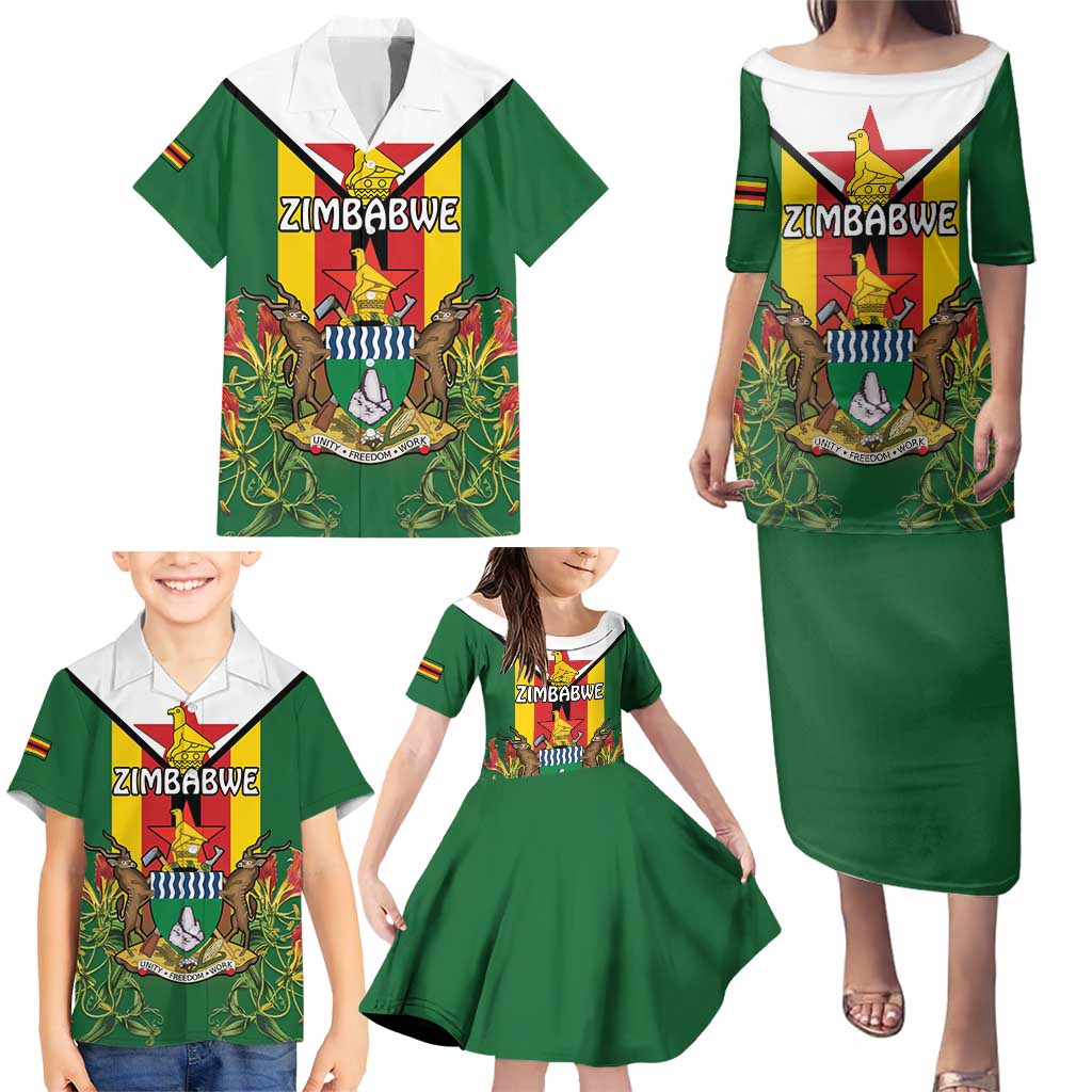 Personalised Zimbabwe Independence Day Family Matching Puletasi and Hawaiian Shirt Gloriosa Flower - Flag Style