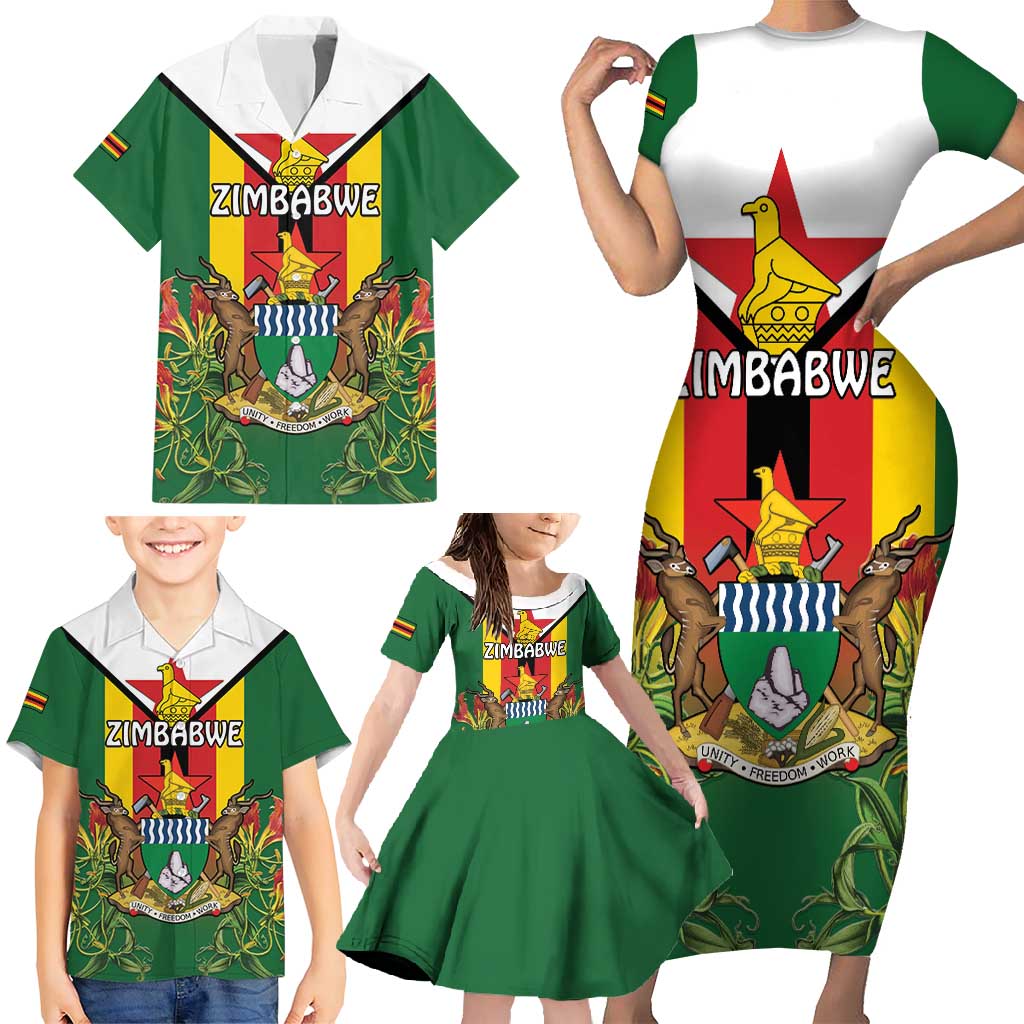 Personalised Zimbabwe Independence Day Family Matching Short Sleeve Bodycon Dress and Hawaiian Shirt Gloriosa Flower - Flag Style