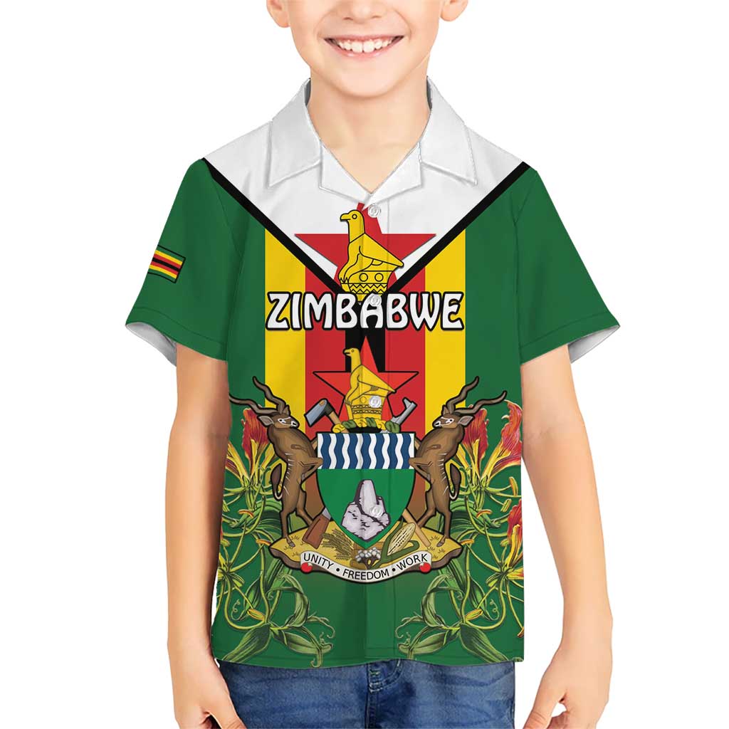 Personalised Zimbabwe Independence Day Kid Hawaiian Shirt Gloriosa Flower - Flag Style