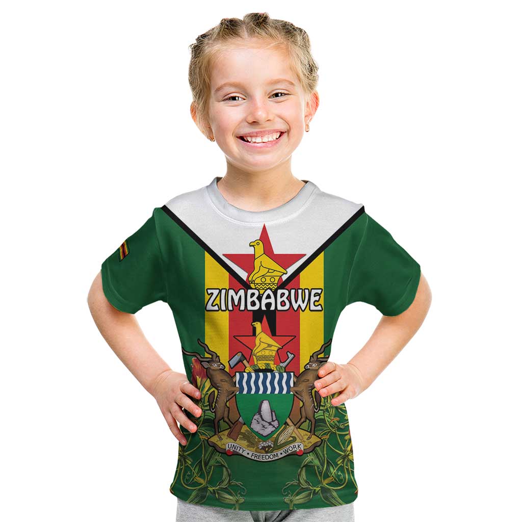 Personalised Zimbabwe Independence Day Kid T Shirt Gloriosa Flower - Flag Style