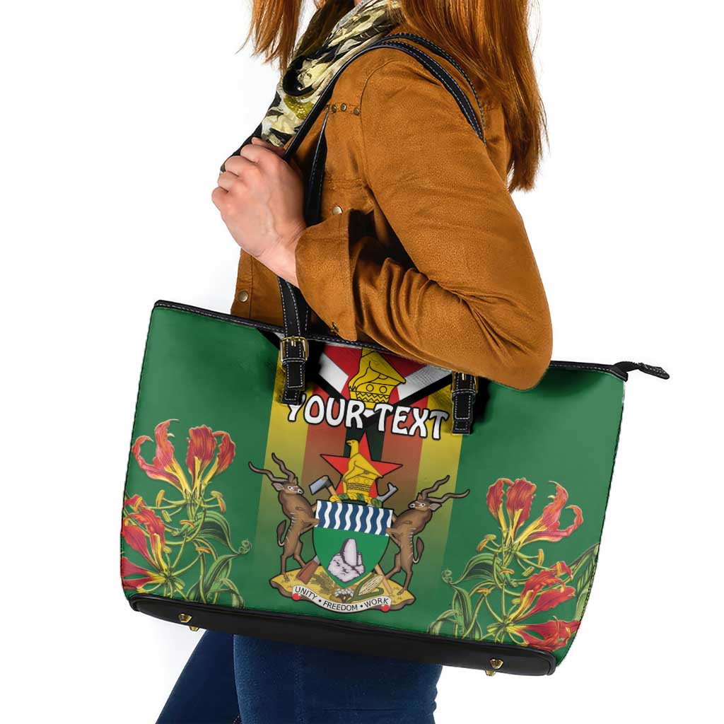 Personalised Zimbabwe Independence Day Leather Tote Bag Gloriosa Flower - Flag Style