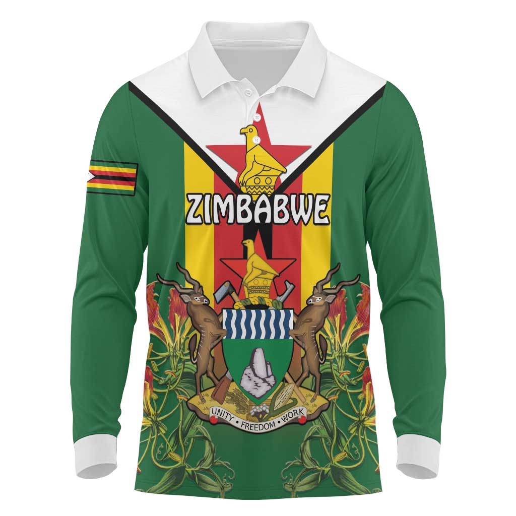 Personalised Zimbabwe Independence Day Long Sleeve Polo Shirt Gloriosa Flower - Flag Style