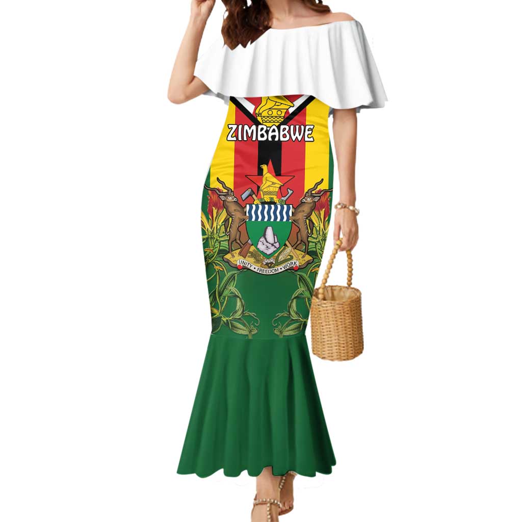 Personalised Zimbabwe Independence Day Mermaid Dress Gloriosa Flower - Flag Style