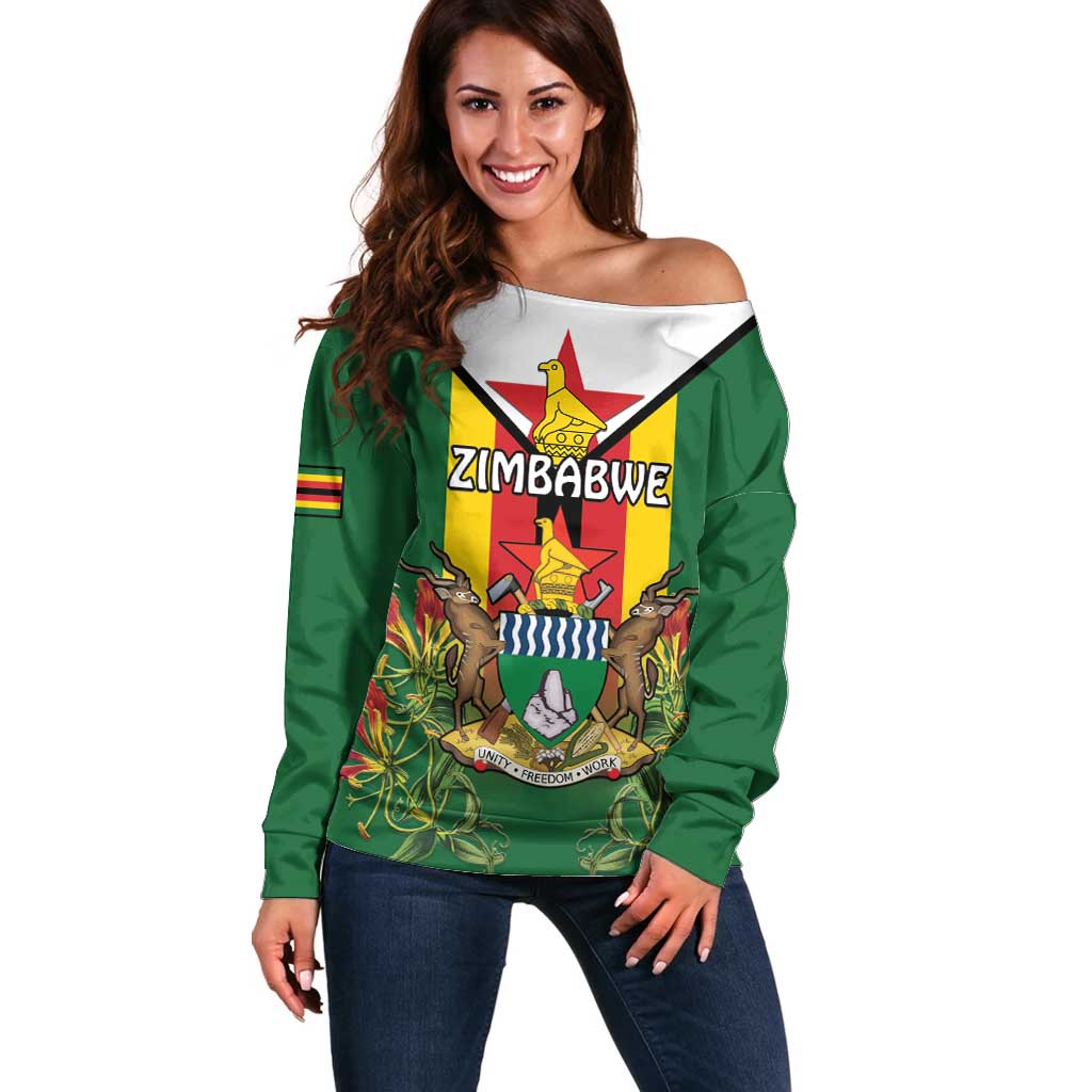 Personalised Zimbabwe Independence Day Off Shoulder Sweater Gloriosa Flower - Flag Style