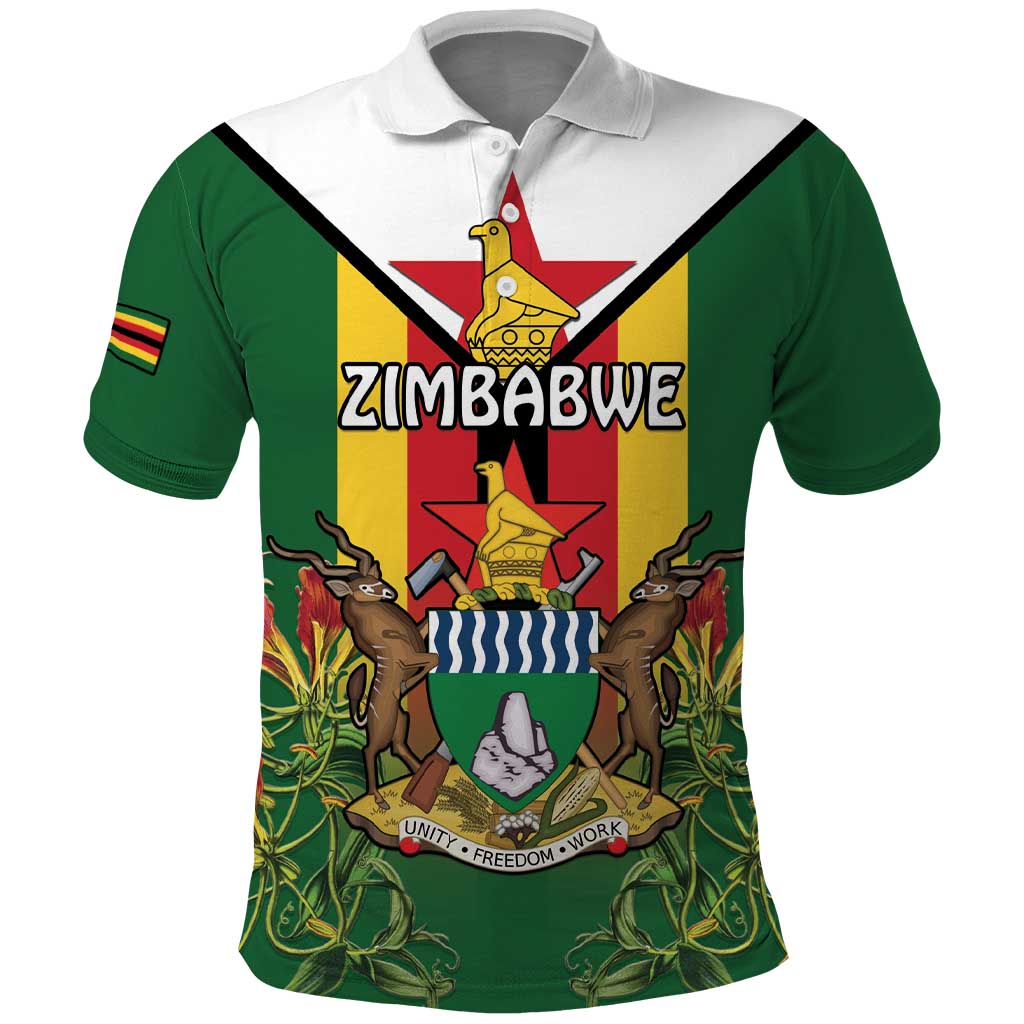 Personalised Zimbabwe Independence Day Polo Shirt Gloriosa Flower - Flag Style