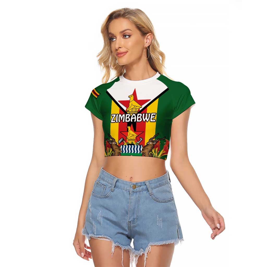 Personalised Zimbabwe Independence Day Raglan Cropped T Shirt Gloriosa Flower - Flag Style