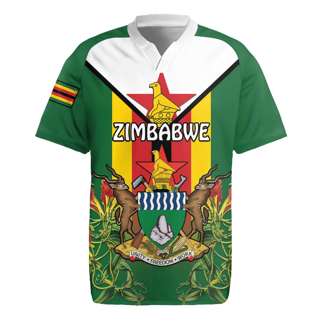 Personalised Zimbabwe Independence Day Rugby Jersey Gloriosa Flower - Flag Style