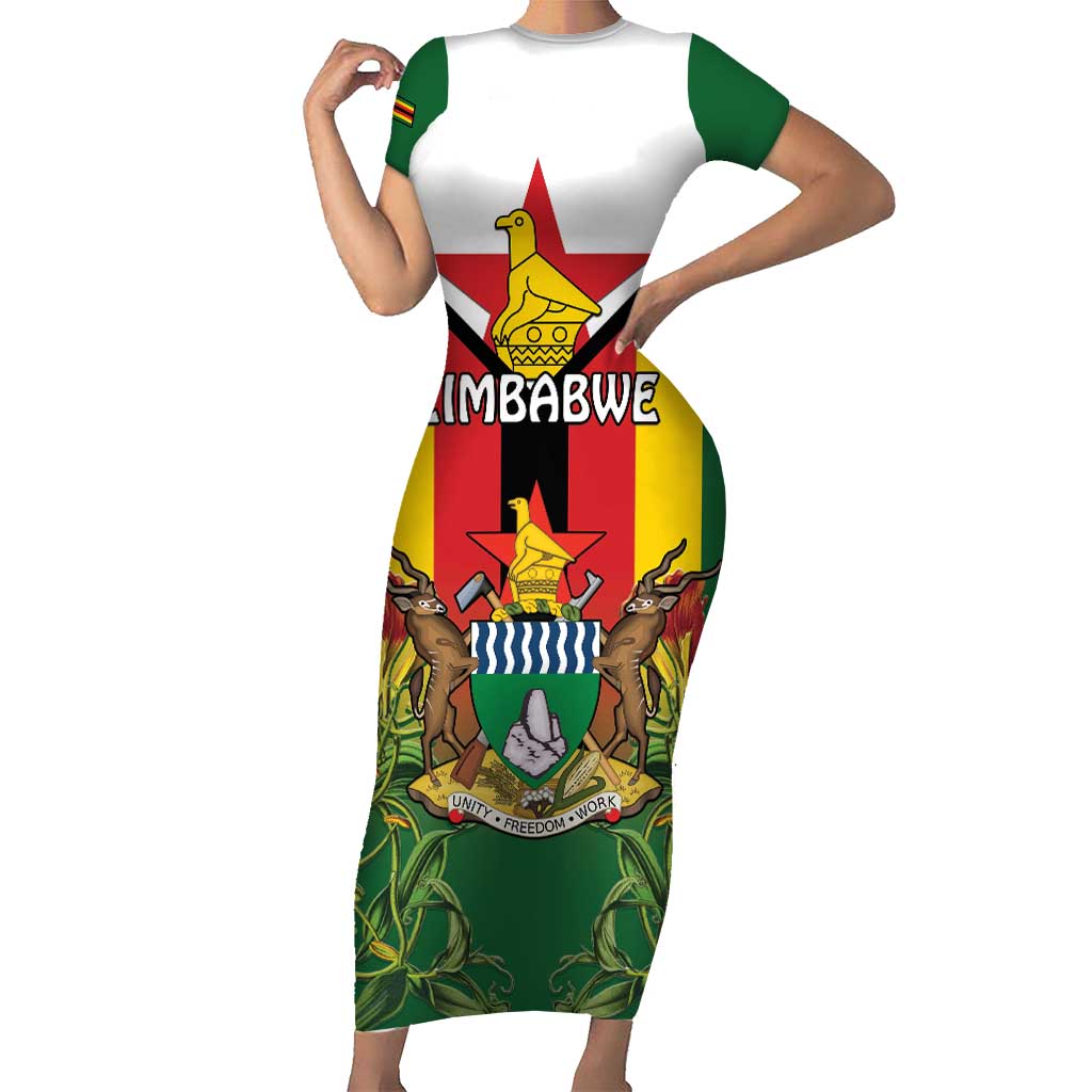 Personalised Zimbabwe Independence Day Short Sleeve Bodycon Dress Gloriosa Flower - Flag Style